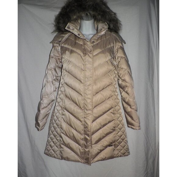 Women's M Reaction Kenneth Cole GIII Down Puffer Coat Satin Champagne Fur Hood - Picture 9 of 14